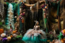 A beautiful fairytale magical composition of a rainforest with a waterfall, a masterpiece, patchwork-like, made of different materials: tulle embroidered with precious stones, lace and real pearls, silk, velvet, burlap, faux fur with leopard print. Unicorn, flowers