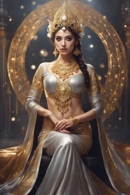 Beautiful Goddess Photo Portrait Fantasycore Artwork, fullbody,wearing traditional golden silver ornaments dress ,Intricate Photography, A Masterpiece