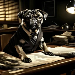 a high quality professional photo of "The Pug Spy", a cute and intelligent pug dog dressed in a sleek black suit and wearing dark sunglasses, covertly observing its surroundings. The Pug Spy is seen standing near a vintage-looking wooden table covered in classified documents, using its paws to analyze top-secret files and maps. In the background, there is a dimly lit room with antique furniture and vintage spy paraphernalia, enhancing the spy aesthetic. The lighting is strategically placed to cr