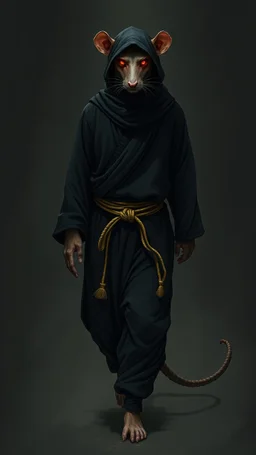 the yoga rat man, ou’re looking at someone who doesn’t just walk into shadows—they belong to them. The black robes cling like a second skin, the belt tied tight with gold thread that catches the light only when he moves. His face is wrapped, but not hidden—his eyes glow like embers, red and steady, as if he’s already seen what waits inside the cave. The tail curls behind him, not in fear, but in readiness. He doesn’t need a torch, because the darkness answers him.
