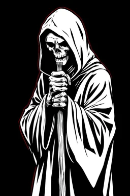 hooded Grim-Reaper gripping a staff with both hands, vignette, black and white graphic novel style with a red outline on black background,