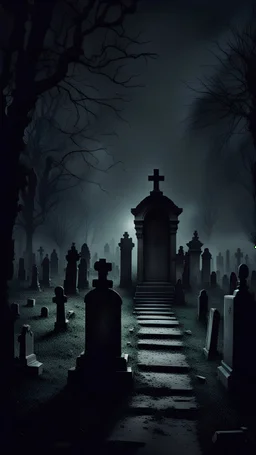 Слабый свет падает на одинокую жуткую могилу. На фоне мрачное ночное кладбище в кромешной тьме. Атмосфера жуткая, зловещая. Стиль фильма ужасов.
