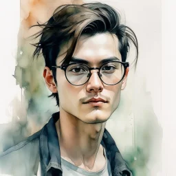watercolour, large strokes, stylistic, portrait, illustration, dull colours, young, 20-something male, waist-long black hair, brown eyes, has a certain aura of confidence,sharp facial features, slick angular glasses.