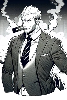 businessman smoke cigar in the dark, greyscale