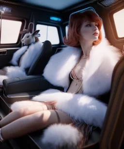 Ultra realistic back seat of limousine image, wide angle view, Alice woman and white rabbit man, many color balls, circus clothing, long hair, smoke, feather long coat, soft color, highly detailed, unreal engine 5, ray tracing, RTX, lumen lighting, ultra detail, volumetric lighting, 3d, finely drawn, high definition, high resolution.