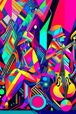 psychedelic jazz musicians with geometrical patterns and neon colors