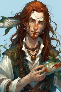 wet pirate nereid male with fish scaled skin, freckles and seaweed in long auburn hair