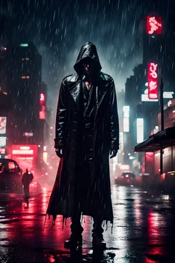 Sin city, killer dripping blood, night full of stars, savage, Alone, mysterious, hidden face, clam and relaxed, killer, leather long coat, male,rain