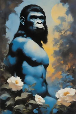 Planet of the Apes, blue, large, floral designs, atmospheric, beautiful, China Doll, oil painting by Frank Frazetta