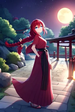 girl, masterpiece, best quality, cinematic lighting, detailed outfit, vibrant colors, perfect eyes, red hair, very long hair, braided ponytail, blue eyes, hakama, shrine, moon, starry sky, plants, stone walkway,