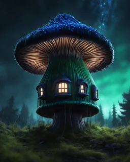 A solitary floating mushroom house on a clear night. silver and blue and green, Dark cosmic interstellar. Detailed Matte Painting, deep color, fantastical, intricate detail, splash screen, hyperdetailed, insane depth, concept art, 8k resolution, trending on Artstation, Unreal Engine 5, color depth, backlit, splash art, dramatic, High Quality Whimsical Fun Imaginative Bubbly, perfect composition