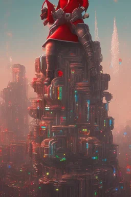 Santa Cruz with cool red clothes standing on rooftop, high detail face, cool cyberpunk city in background,