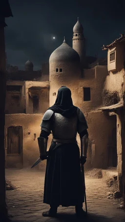 Make me a picture of a Muslim knight, standing in front of old and small houses, make the picture in the dark, with his back to the screen.