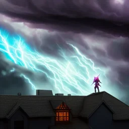 Close up, Rooftop view, Enourmous Paladin casting a hologram shield spell, covering a Home, encroaching storm, ominous color palette, 8k resolution, high-quality, fine-detail, detailed matte, volumetric lighting, illustration, greg rutowski