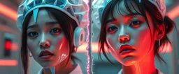 cyberpunk high-end advertisement image for a fictional service called “Splice Girls Nurses, Rebuilding Bone Structure on Transparent People™”. Split-screen composition with two contrasting emotional states.