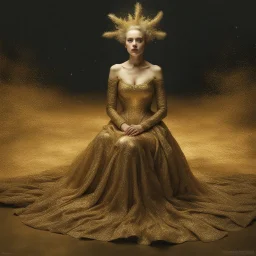 (Masterpiece1:5) By(Jan Saudek:Natalie Shau:1.5) (highest quality) (ultradetailed:1.5),bright Foreground with (gold sparkles floating Intricately through the painting:1.5),attractive and content woman 😁, she sits on the beach with snoot lighting is the defining light source,gold dress melting into the sand 😅),dreamlike, (surreal:0.5) beach with soft sand, High contrasts, vibrant colors, flawless Composition,Soft Lighting Create Depth Of Field. accentuates the beauty of the piece,provocative ar