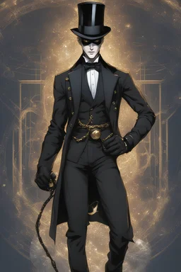 Super hero man. he has a slick black suit that makes so we can see his abs and pecs. He has a gentleman's black suit. a old watche's gold chain that goes in his front pocket. He has a white mask that is used for balls HIS SUIT IS ALL BLACK. He has a black top hat on his head. A blue fantasy portal is opening behind him.