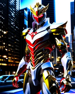 Stunning hyper-realistic anime illustration Powerful male protagonist dressed in striking white, red, black and gold outfit. Intricate armor with obsidian patterns with gold details emits fascinating energy. Muscular, toned physique accentuated with sleek lines and details. Futuristic cityscape background that contrasts beautifully with her bold outfit. Masterful combination of sci-fi anime aesthetics and 3D rendering