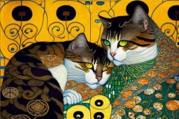 Two cats on a terrace. Gustav Klimt. Perfect brown eyes with perfect iris, perfect pupils.