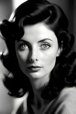 50s woman with blue eyes with and dark hair