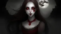 In the pallid moonlight, a peculiar girl appears - a vampire, her skin a haunting shade of spectral grey, as if she herself were wrought from the lonely heart of a forsaken moon. Cruel rubies are set into her eyes, glowing with ominous liveliness against her lifeless pallor. Blood, a sinister accompaniment to her form, the colour of garnet, seems to drip off her like a macabre jewel, casting a chilling aura of dangerous enchantment about her.