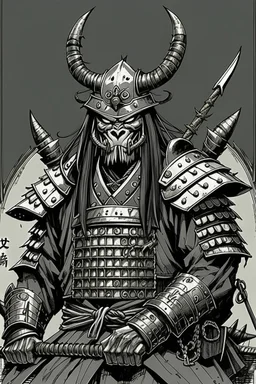 Armoured Samurai with oni mask ,manga, from 1980 dark fantasy, style by Kentaro Miura