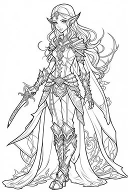 Outline art for cute Fantasy coloring pages with elf-swordswoman, white background, Sketch style, full body, only use outline, Mandala style, clean line art, no shadows and clear and well outlined