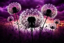 dark purple Sunset with big black Dandelions, , high textures, surreal, weird, white-black colors, silver rain, sharp focus, splash art, intricately detailed, mystic, dark stunning mood