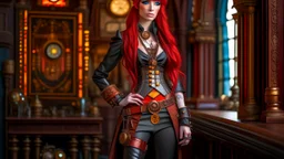 full body and headshot of a skinny Cleopatra, with long straight red hair, dressed as an assassin standing in a steampunk setting.