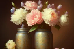 Oil painting of a spring flower bouquet in an antique jar. Jar should have vintage label on it. Background should be warm white with no distractions. in the style of oil painting, traditional art, behance, artstation.