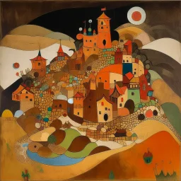 A brown fortress with rocky hammers painted by Wassily Kandinsky