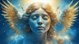 beautiful crying angel, double exposure in fantasy style, blue, gold, sparkles, fine rendering, bright colors, photorealism, 3D