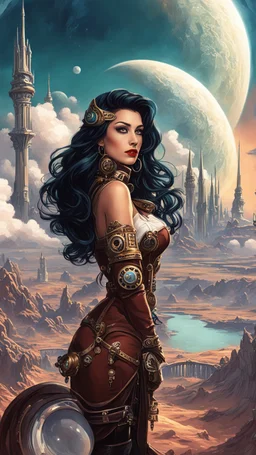 exotic sci-fi steampunk pin-up girl, with long dark hair, on an alien planet with cloud trees, tall spires, buildings, bridges, arches