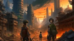 Dystopian cityscape, rebels with elemental powers, akin to action-packed shounen anime.