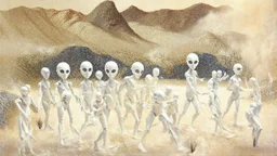 A group of white humanoid figures with large heads and distorted bodies engaged in various activities on a golden, textured landscape with mountains in the background