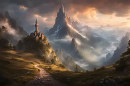 A massiv mountain with a needle thin tower on the top reaching the clounds. fantasy concept art, exquisite realism, a masterpiece, dynamic lighting, hyper detailed, intricately detailed, deep color, Unreal Engine, volumetric lighting , Epic cinematic brilliant stunning intricate meticulously detailed dramatic atmospheric maximal,