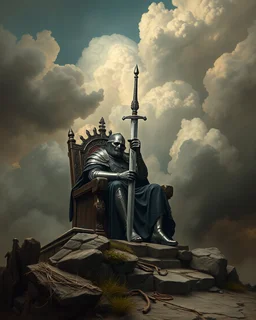 Bosch painting style, nightmare , the king with a sword sitting on a throne , great quality picture with cinematic scenes , heavy clouds in the background