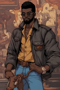 70s Blaxpliotation Man In A Button Up Shirt And Leather Jacket With Monster Collecting Powers,urbancore,after hours aesthetic,,gen x soft club style,Hunter X Hunter Style,Jojo Style,Street Fighter Style,Mortal Kombat Style, Tekken Style, Kof Style,2000s Cartoon Style,Killer Instinct Style,Final Fantasy Style, Todd Mcfarlane Style,mike mignola style, trending on artstation, Poster Art