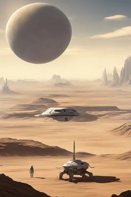 A small, long, sleek Spacecraft landing in a ruined alien city, clear sky, small white clouds