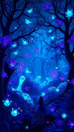 The image depicts a vibrant, otherworldly forest filled with glowing blue and purple plants, trees, and mysterious floating creatures. The atmosphere is dreamlike, almost as if set on an alien planet or in a fantasy realm. A variety of bioluminescent flora and fauna light up the scene, with small star-like particles floating around, creating a magical, ethereal ambiance. In the foreground, a fairy queen figures are visible, appearing to be exploring or observing the scenery. They are surroun