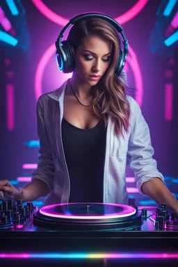 Photograph beautiful woman with headphones playing music on a turntable, dj rave party, album art for a trance dj, synthwave image, headphones dj rave, girl wearing headphones, dj, wonderfull techno party, cgsociety 9, trending digital art, edm, beauty woman in holograms, dj at a party, 3d digital art 4k, dance music show