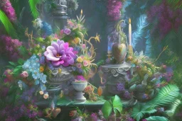 love, high contrast, Tropical flowers,heart drawing, crystals, tropical leaves, sacred altar, Fantasy temple,