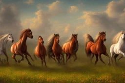illustration horses of different colors in a field from afar