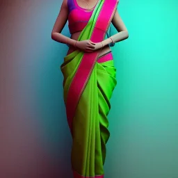 full body photo of a girl in saree in dark room with neon light ,hyperrealistic,detailed,8k,cinematic