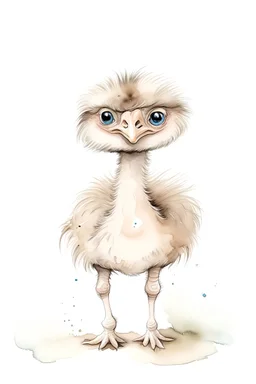 Create a line drawing, full watercolor Audobon style illustration of a baby ostrich. The ostrich should have a friendly expression, standing with legs wide open, infusing the illustration with a sense of liveliness and charm characteristic. Keep the design simple and elegant.