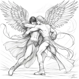 pencil sketch:: single line:: fantasy art, Jacob wrestling with angel.