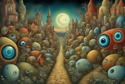 nighttime suburban street filled with eyes, eyes imbedded in the flora and architecture, surreal fantasy suburban universe of many surreal eyeballs, Bosch-like eyeball pets, surreal hyper surveillance eyeball alternate reality, surrealism, by Alexander Jansson, by Hieronymus Bosch, primary colors, intricate details, natural lighting, magical realism, eyeball suburb.