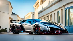 A sleek (((a fusion of lamborghini veneno and bentley))), its glossy shell reflecting the (((bright sun))), cutting through a (((clear bright blue morning sky)))