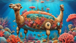 Surreal and humorous illustration of a camel-shaped submarine, underwater, with colorful coral reef and marine life surrounding it, by Salvador Dali meets Dr. Seuss style, vibrant colors, intricate details