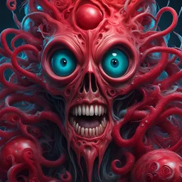 a close up of a person with a weird face, by Justin Gerard, zbrush central contest winner, pop surrealism, nychos, recusion beeple, tentacled creature mix, progressive rock album cover, scientific depiction, pillhead, flesh - eating, album art, brains, alex pardee, no eyes, three eyed, red faced, hyperalism, shot with Sony Alpha a9 Il and Sony FE 200-600mm f/5.6-6.3 G OSS lens, natural ligh, hyper realistic photograph, ultra detailed -ar 1:1 —q 2 -s 750)